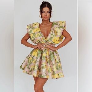Selfie Leslie Yellow & Pink Floral V-Neck Ruffle Mini Dress